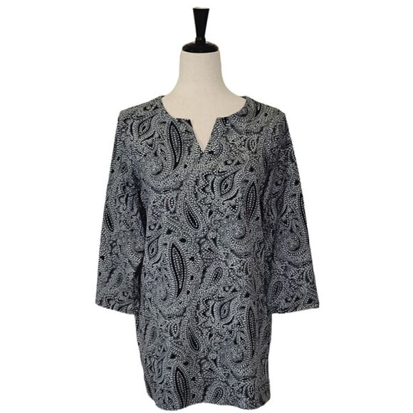 Craft & Barrow Navy Blue Paisley Split Neck 3/4 Sleeve Stretch Top Size L NWOT - Picture 1 of 6
